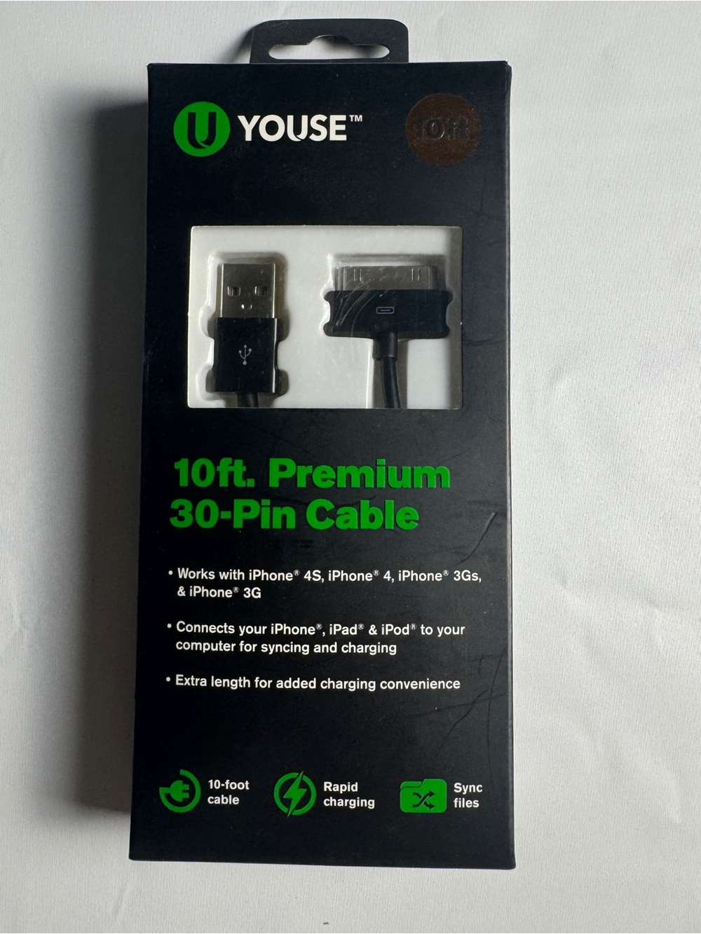 🔌 NWT! 10ft Premium 30-Pin Cable for Retro iPhone/iPad/iPod 📱✨